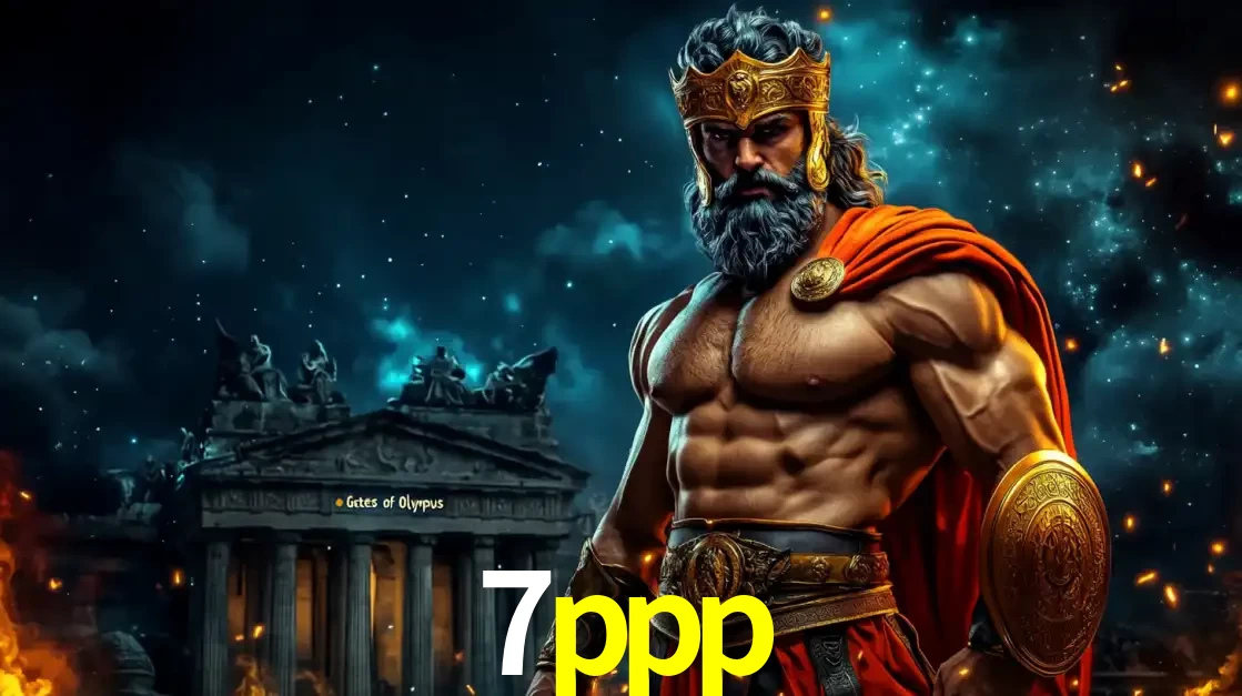 O poderoso Zeus do jogo de slot Gates of Olympus em frente ao seu templo, pronto para lançar multiplicadores divinos e prêmios épicos no cassino online 7ppp.