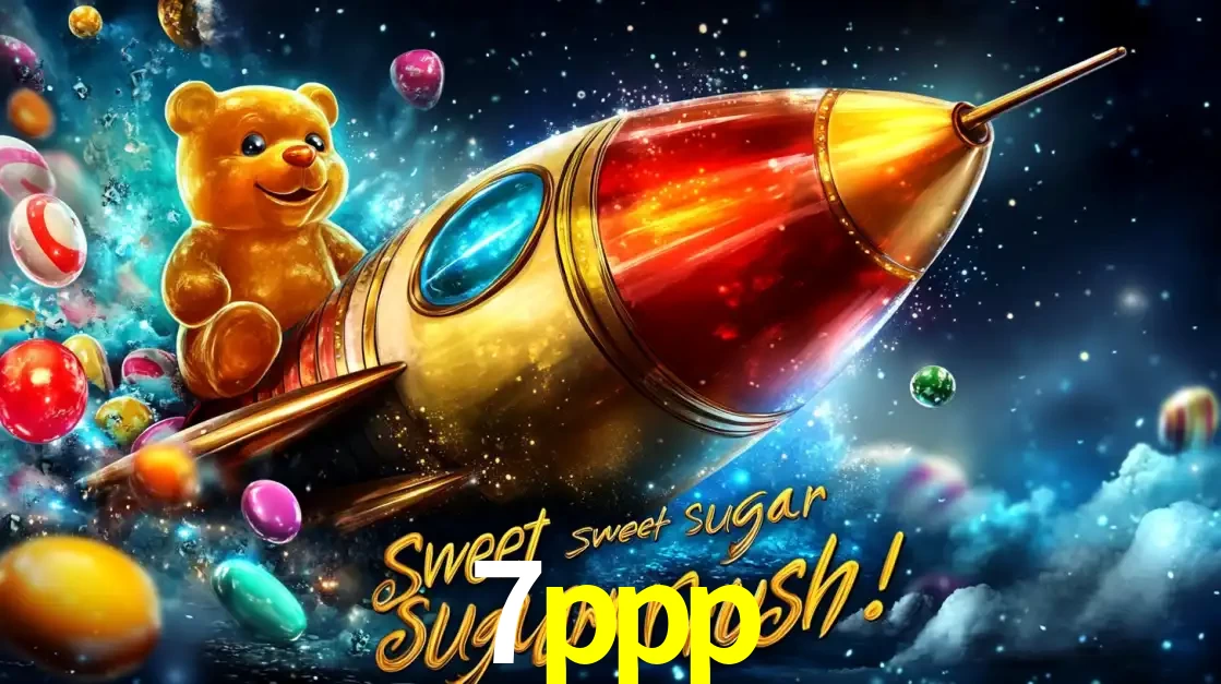 Arte promocional do jogo de slot Sugar Rush, com um urso de pelúcia em um foguete viajando pelo espaço de doces, um dos jogos divertidos disponíveis no cassino 7ppp.