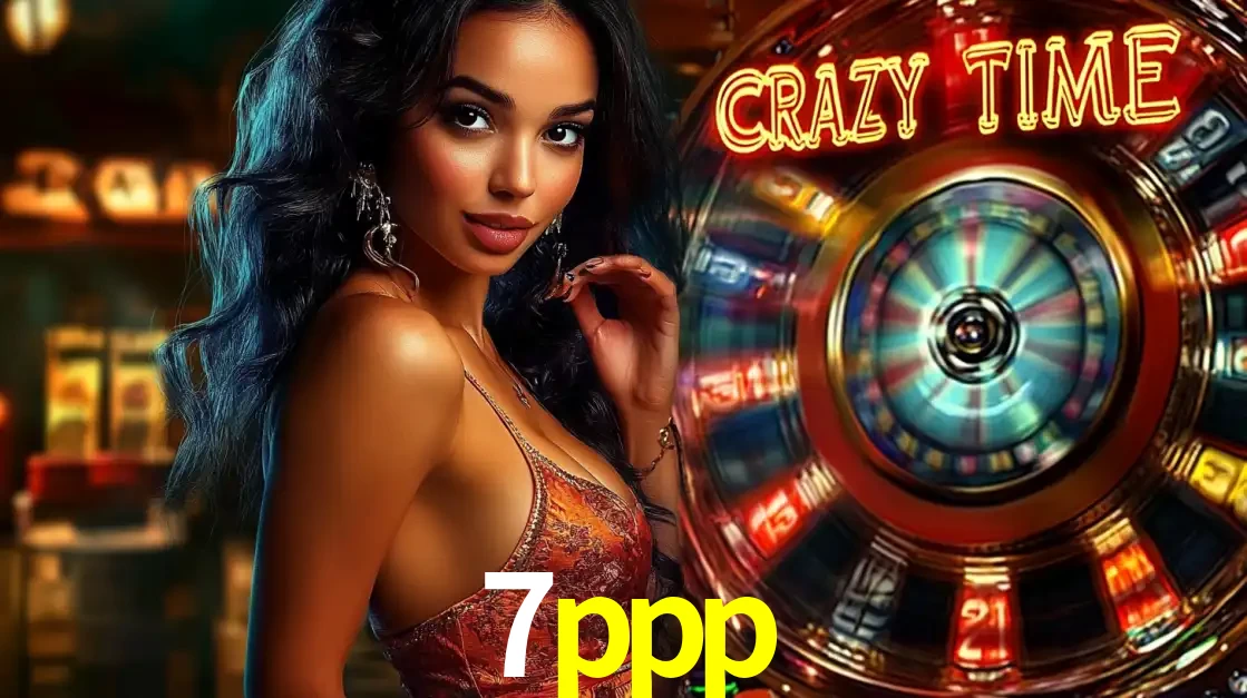 Mulher elegante ao lado da vibrante roda da fortuna do jogo de cassino ao vivo Crazy Time, um dos game shows mais populares e cheios de prêmios do 7ppp.