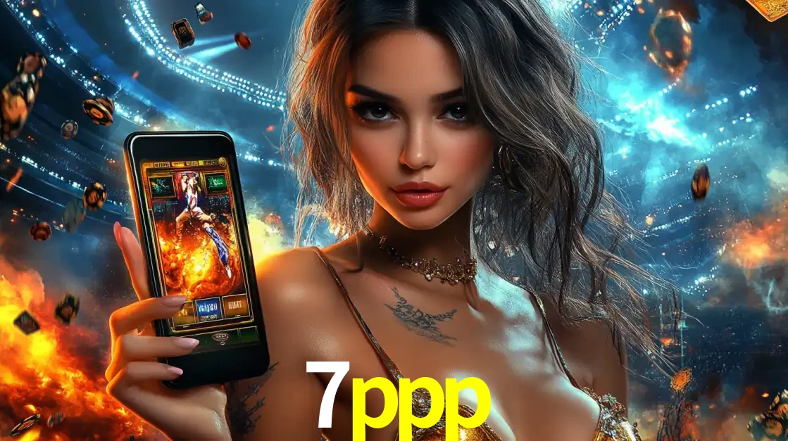 Mulher segurando um celular com um jogo de slot em destaque, tendo como fundo um estádio vibrante, simbolizando a emoção de jogar no cassino móvel 7ppp.