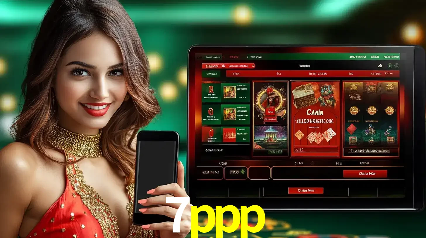 Mulher sorridente segurando um smartphone, ao lado de uma tela exibindo o lobby de jogos do cassino online 7ppp, com várias opções de jogos de cartas e slots.